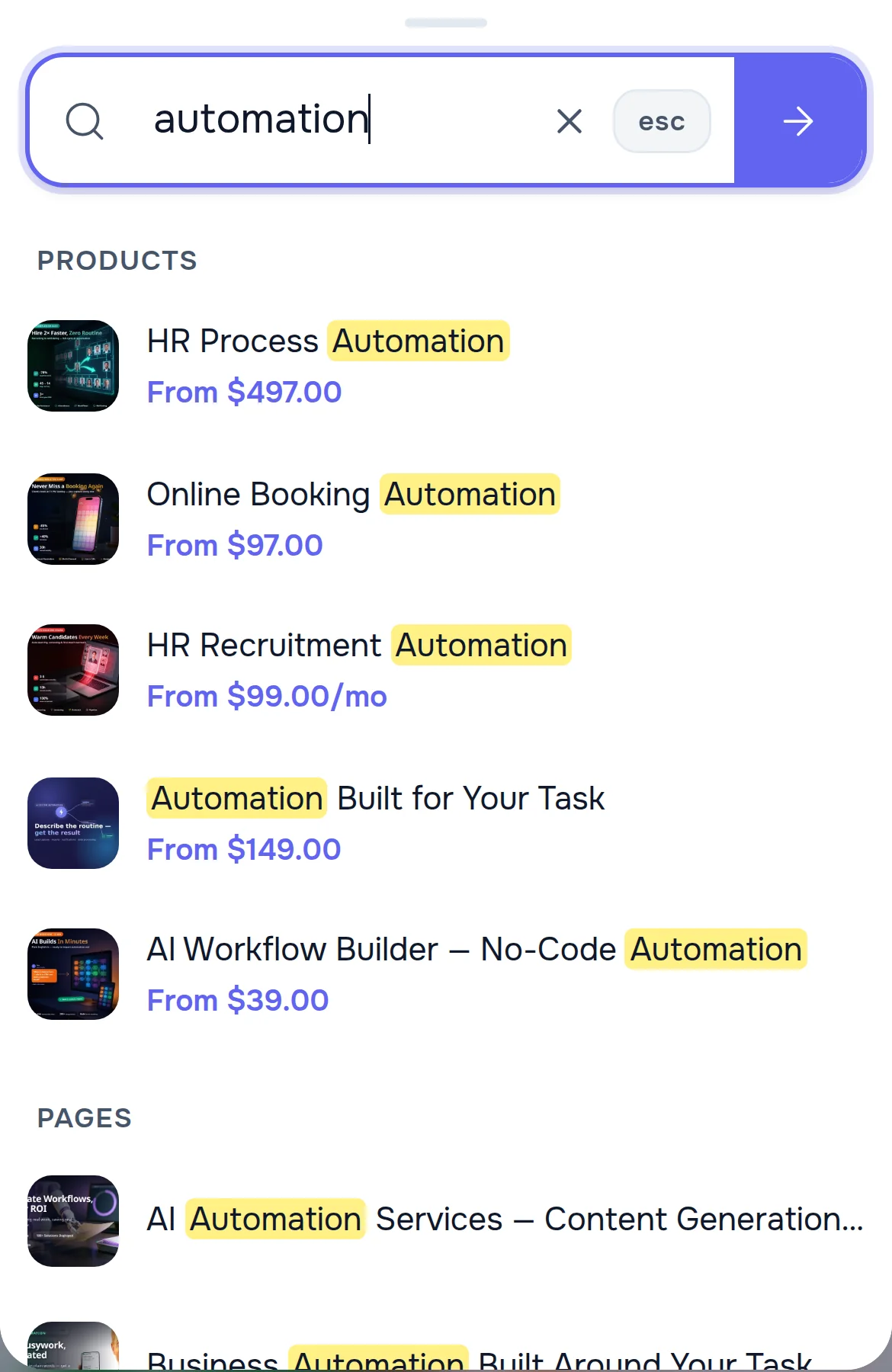 Search on a phone for “automation”: a “Products” list with thumbnails and prices — HR Process Automation from $497.00, Online Booking Automation from $97.00 and others, with “Pages” below