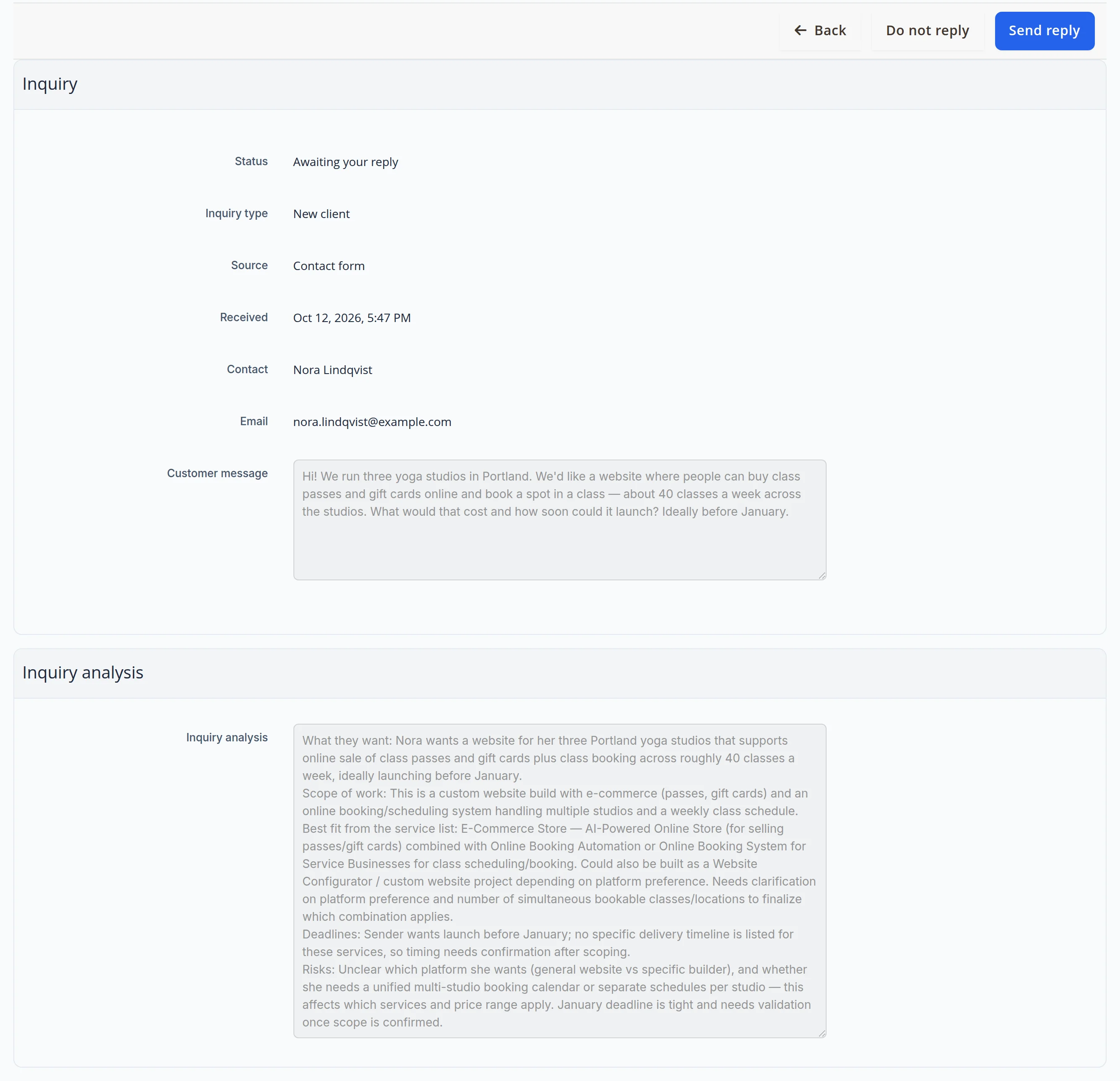 Inquiry #207 card: a new client from the contact form, Nora Lindqvist, three yoga studios want to sell class passes and gift cards and take class bookings; the summary lists the gist, the scope, the deadline before January and the risks