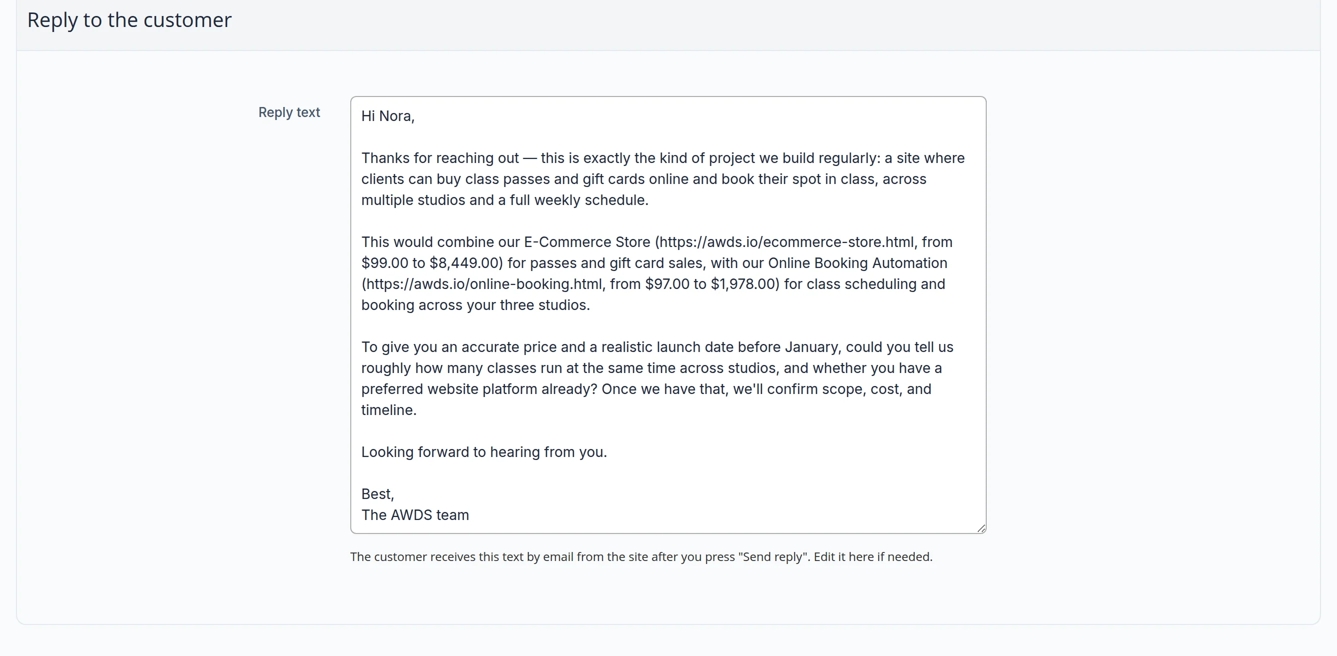 Reply draft to Nora: an online store for passes and gift cards plus class booking for three studios, two services with links and price ranges, two clarifying questions