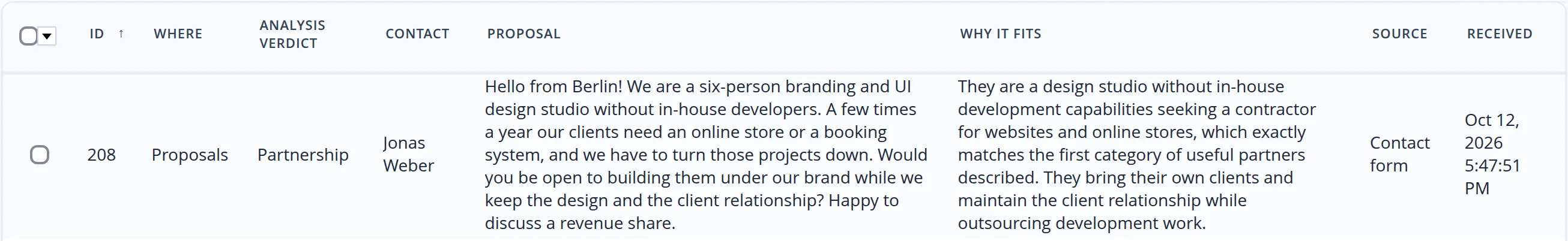 Partnership proposals: Jonas Weber, a design studio without developers, offers to bring store and booking projects; why it fits — it matches the first category of useful partners