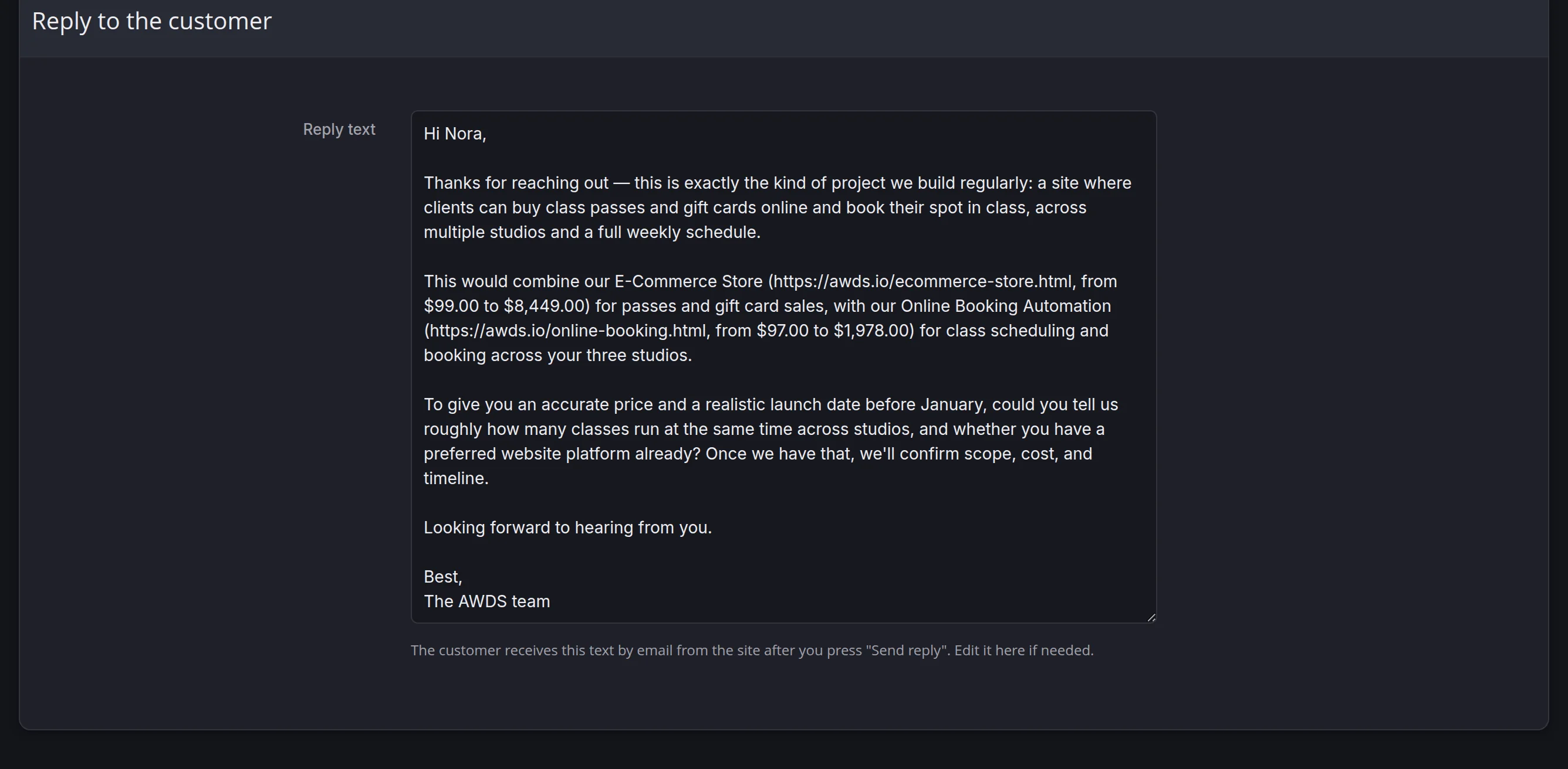 The reply draft to Nora in the dark admin theme