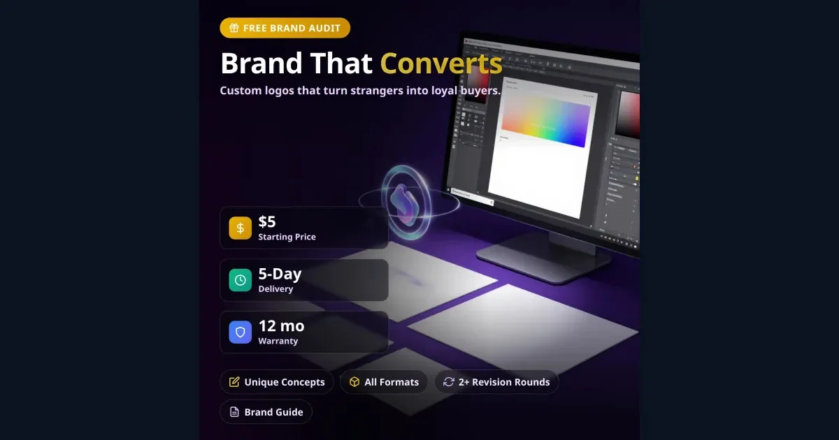 Social sharing picture of the «Logo design» product: the square product photo is fitted into the wide frame whole, with a dark background on both sides