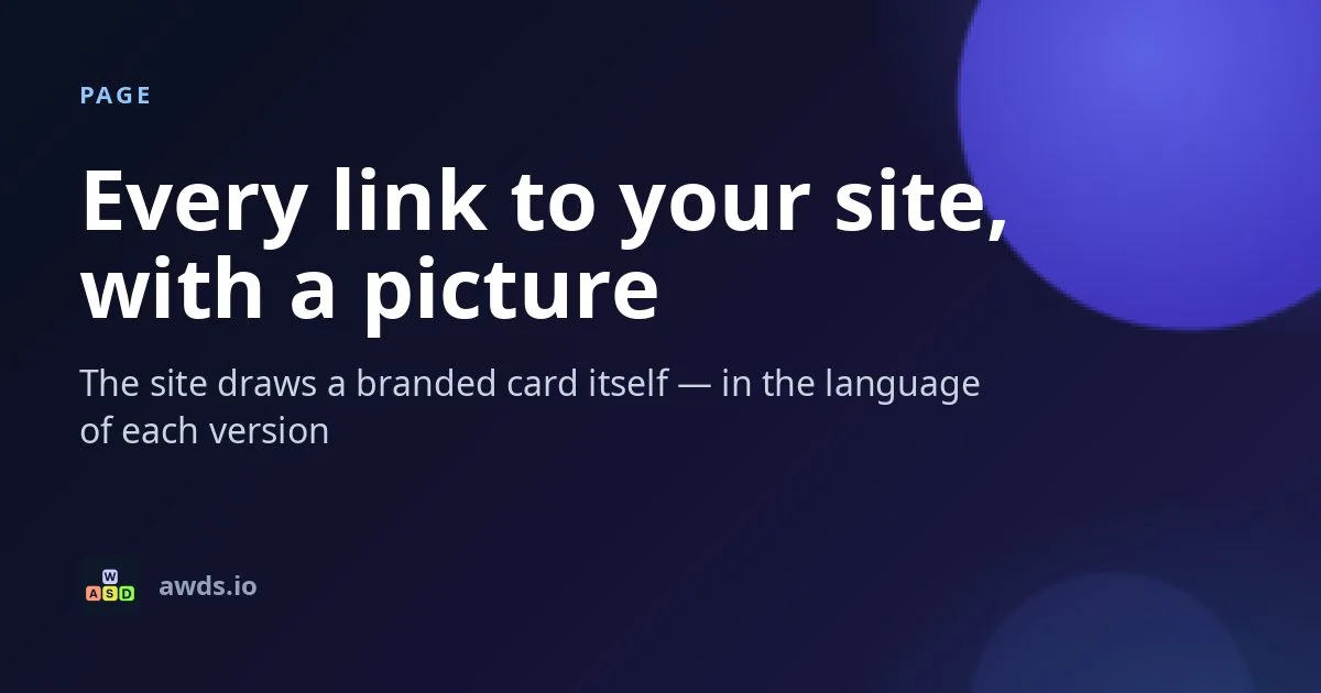 Card of this page on the English version of the site: label «Page», title «Every link to your site, with a picture», description «The site draws a branded card itself — in the language of each version», logo and the address awds.io