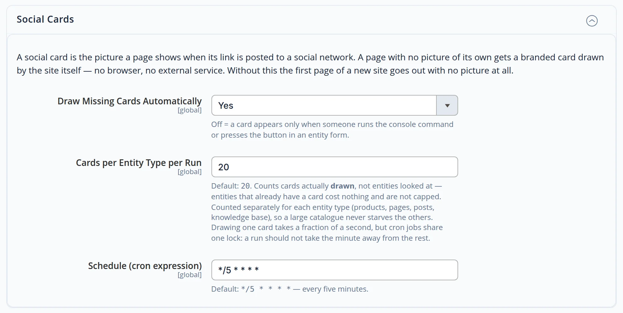 Settings section «Social Cards»: «Draw Missing Cards Automatically» — «Yes», «Cards per Entity Type per Run» — 20, «Schedule» — every five minutes, with a note under each field