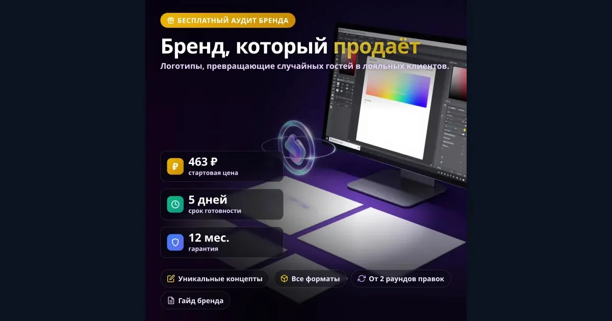 Картинка для соцсетей товара «Дизайн логотипа»: квадратное фото товара с надписями «Бренд, который продаёт», «463 ₽ стартовая цена», «5 дней срок готовности» вписано в широкую рамку целиком, по бокам — тёмный фон