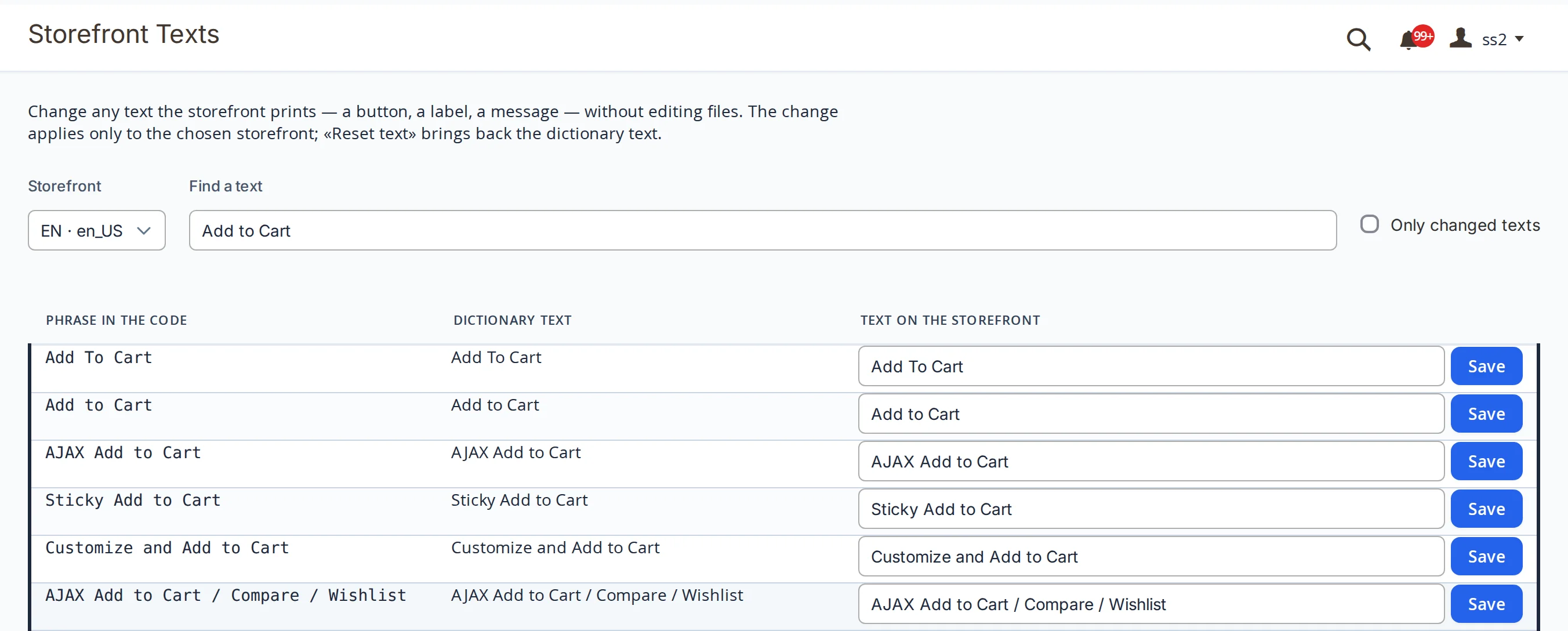 The Storefront Texts page: storefront EN selected, “Add to Cart” in the search field; a three-column table — phrase in the code, dictionary text, text on the storefront: “Add To Cart”, “Add to Cart”, “Sticky Add to Cart”, “Customize and Add to Cart” and others, each row with a Save button