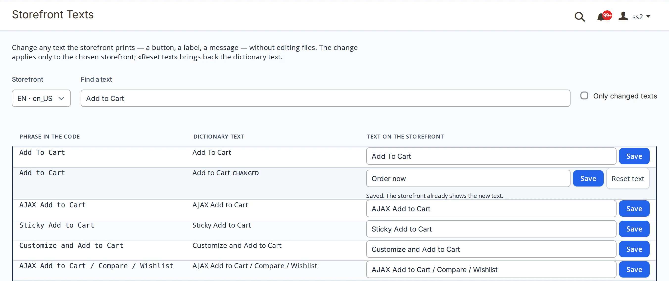 The “Add to Cart” row after the edit: “Order now” in the Text on the storefront field, Save and Reset text buttons next to it, the message “Saved. The storefront already shows the new text.” below, and a “Changed” mark by the dictionary text