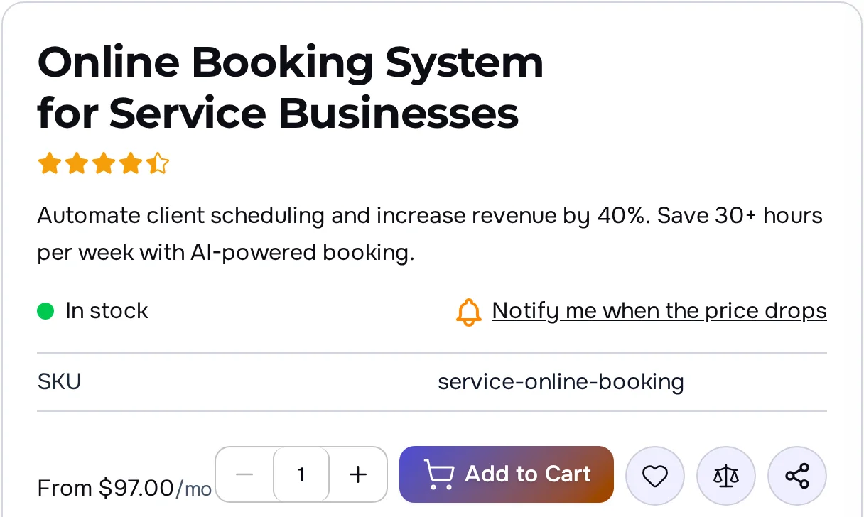 The “Online Booking System for Service Businesses” card on the English storefront before the edit: from $97.00 per month, a quantity selector and an “Add to Cart” button