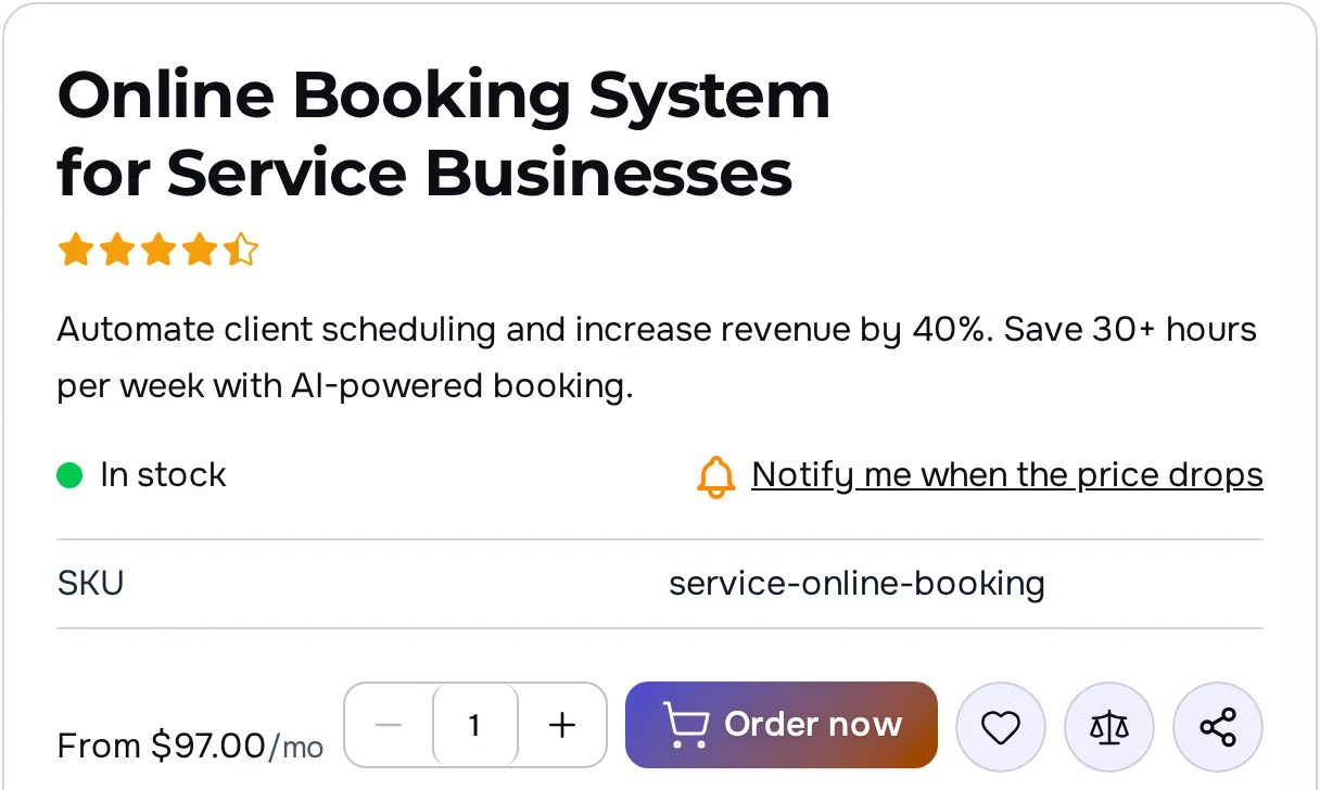 The same service card after the edit: the button next to the quantity selector reads “Order now”