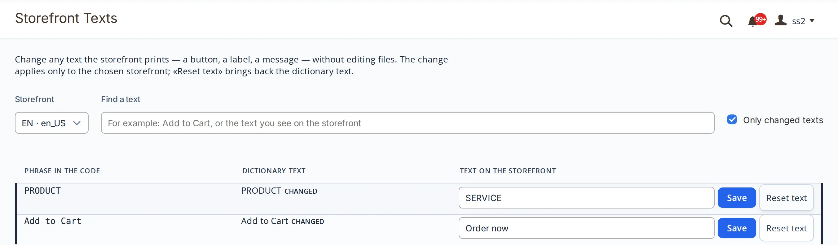 The list with “Only changed texts” ticked: two edits — “PRODUCT” with the storefront text “SERVICE” and “Add to Cart” with “Order now”; both marked “Changed”, with Save and Reset text buttons