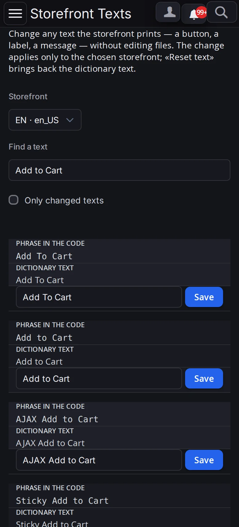 Storefront Texts on a phone in the dark theme: storefront selector, search “Add to Cart”; phrases as cards — Phrase in the code, Dictionary text and a field with a Save button