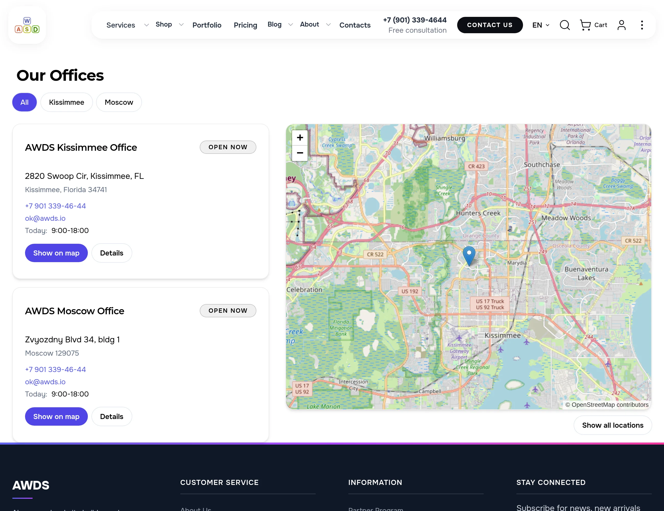 The “Our Offices” page: Kissimmee and Moscow office cards labelled “Open now”, a street-level map