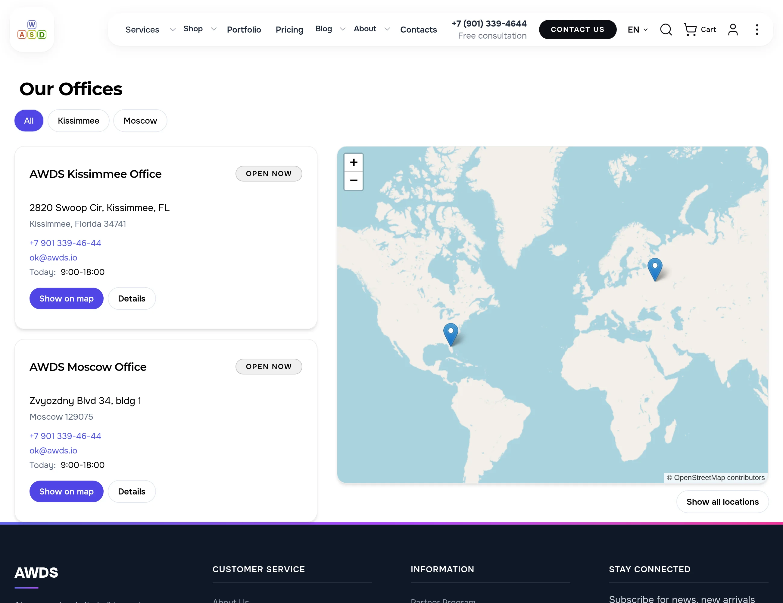 Two AWDS offices on a world map — in Florida and Moscow — next to cards with address, phone and hours