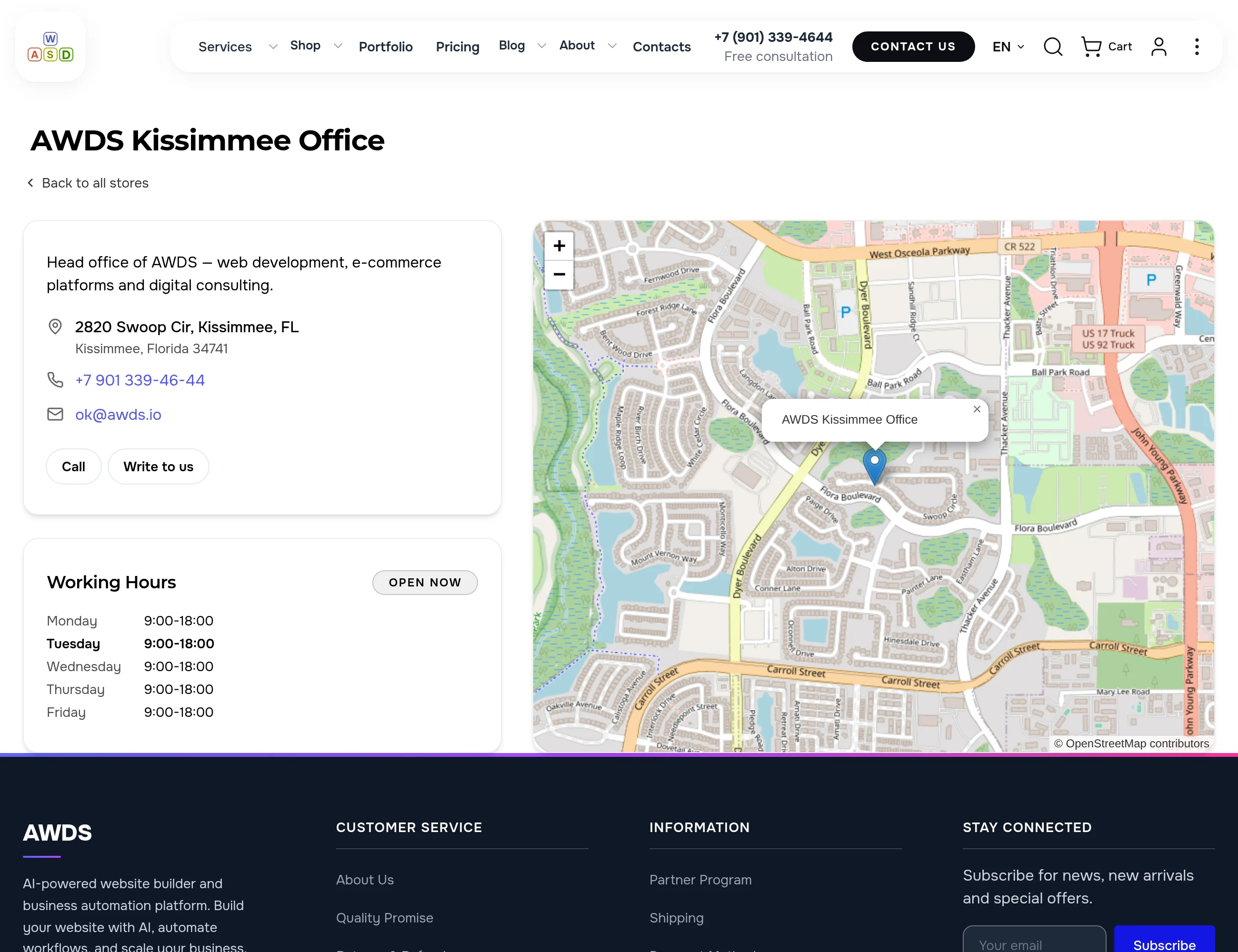 The “AWDS Kissimmee Office” page: contacts, Call and Write to us buttons, weekly hours, map
