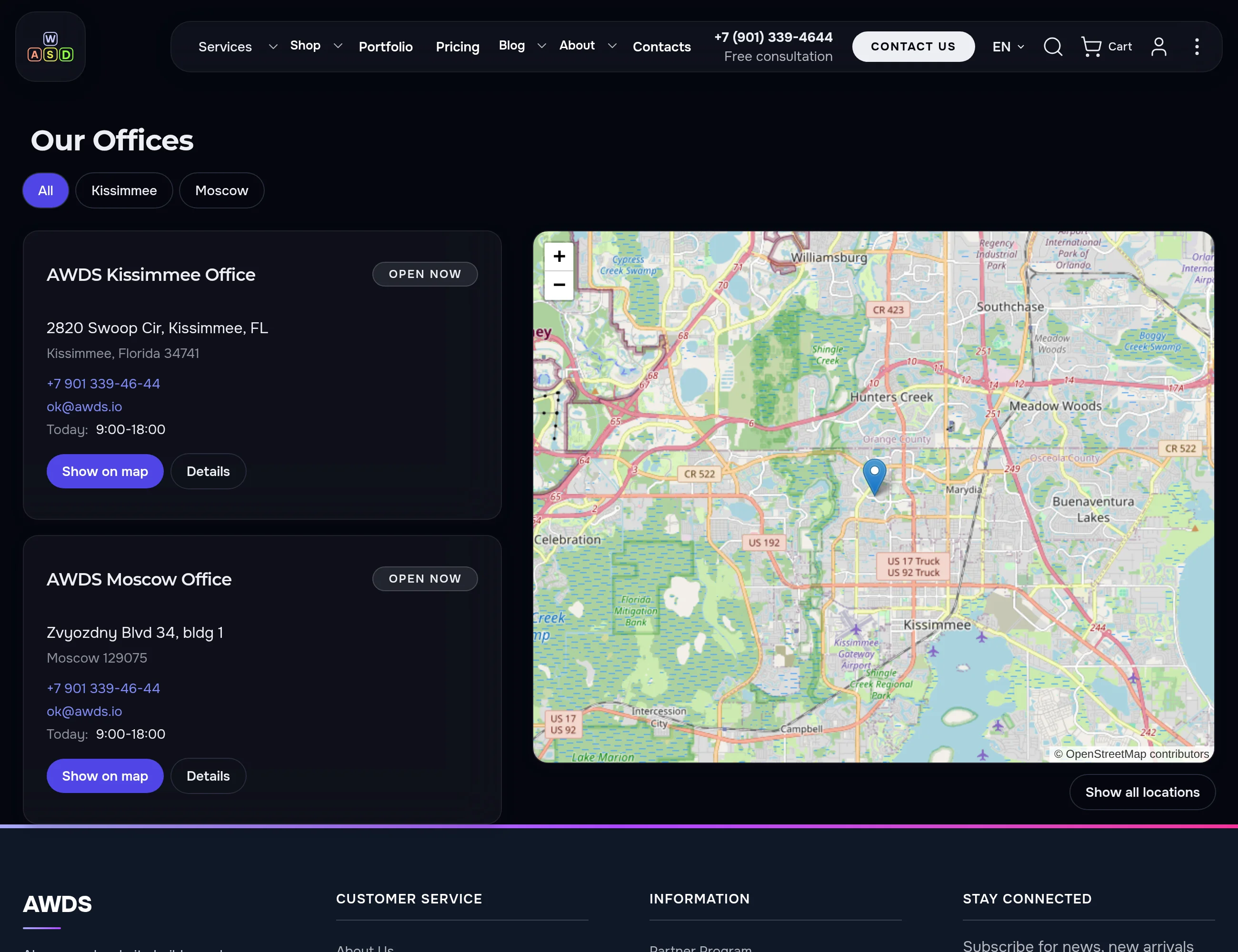 The “Our Offices” page in the dark theme
