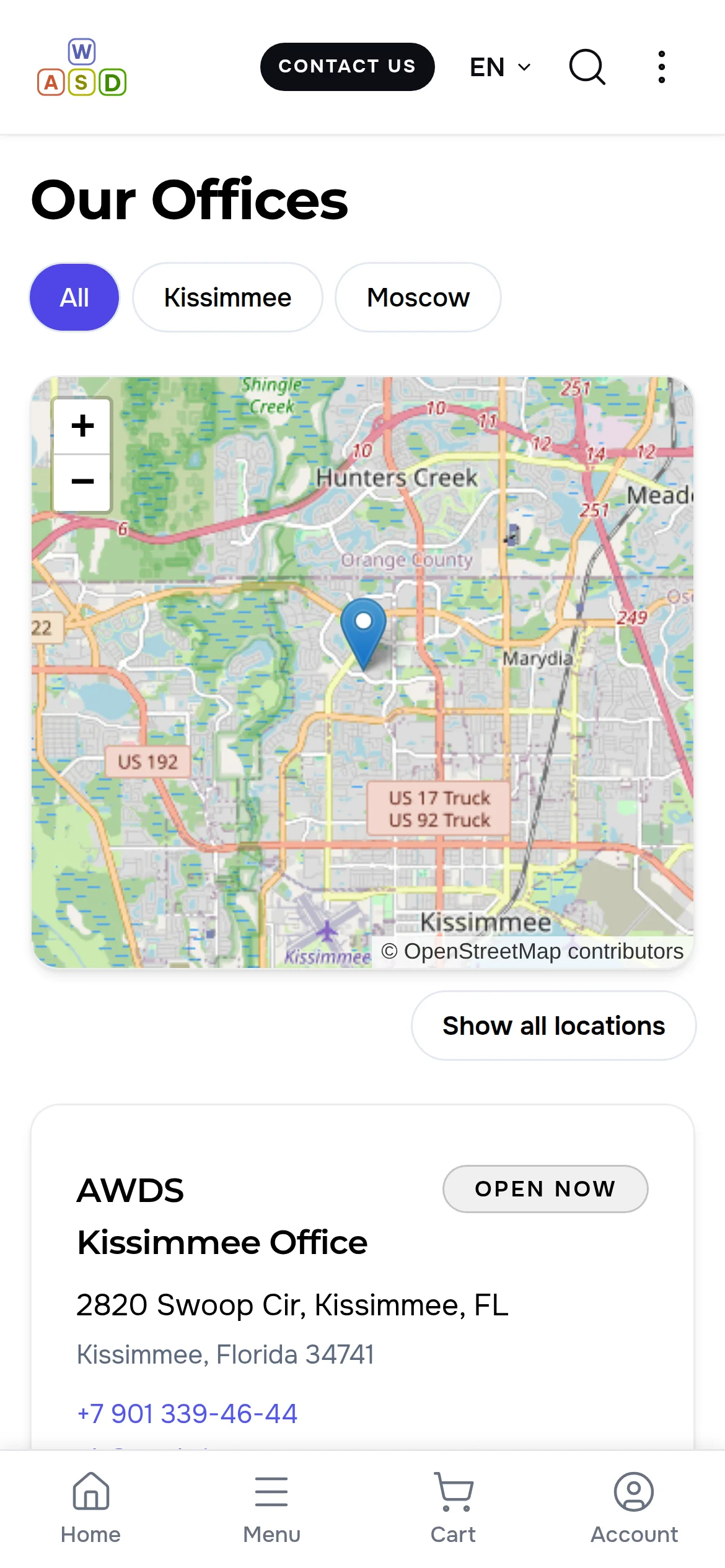 The “Our Offices” page on a phone: city filter, map, office card