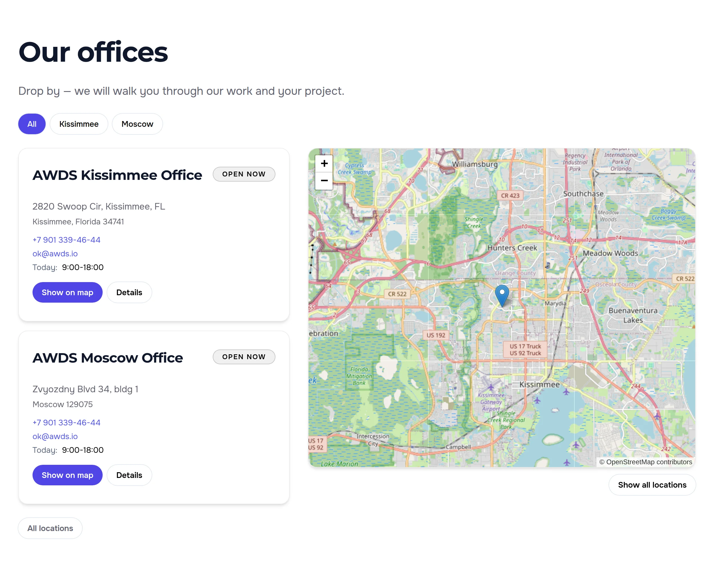 The “Our offices” block on the Contacts page: subheading, filter, cards and map