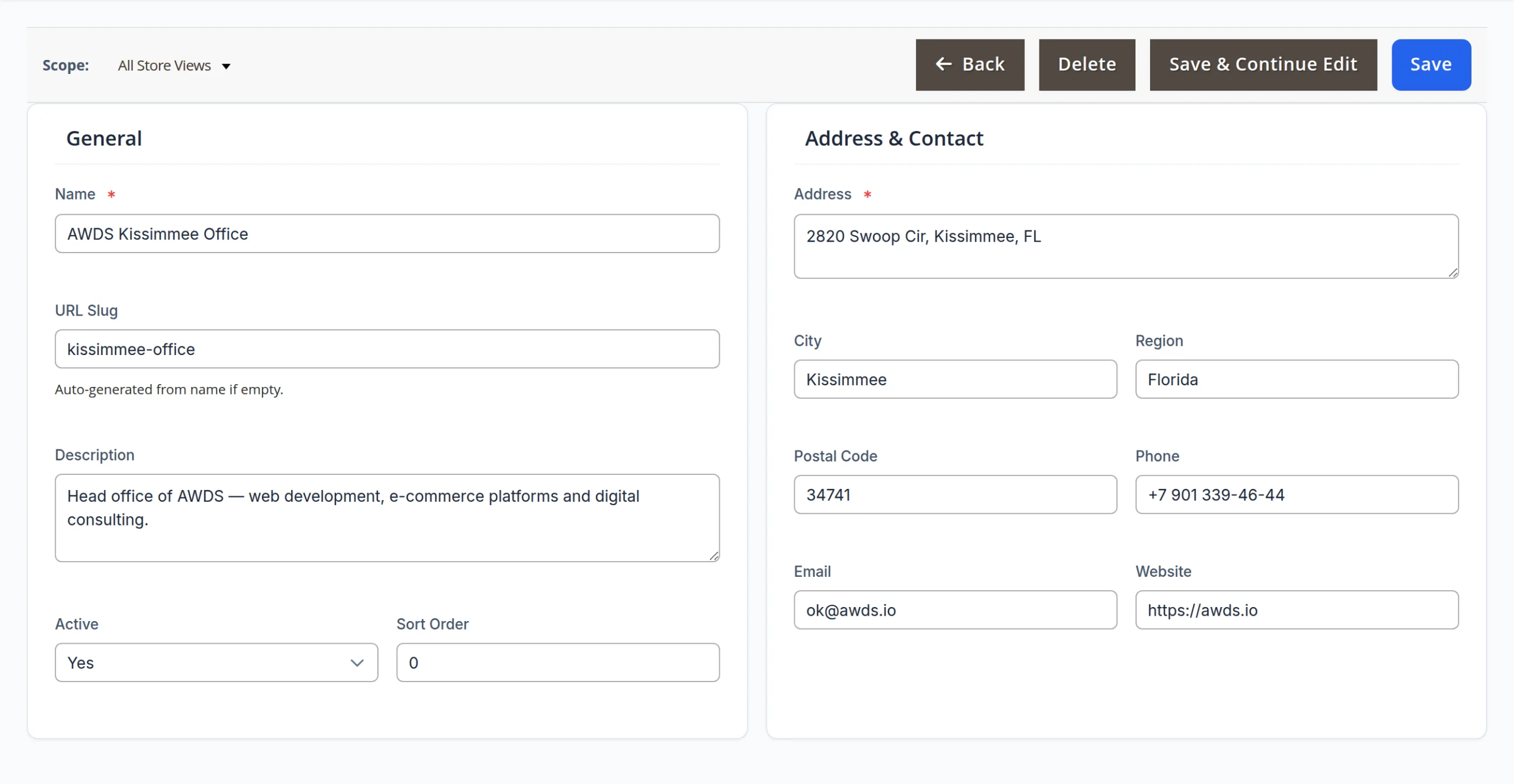 An office card: general data, address and contacts