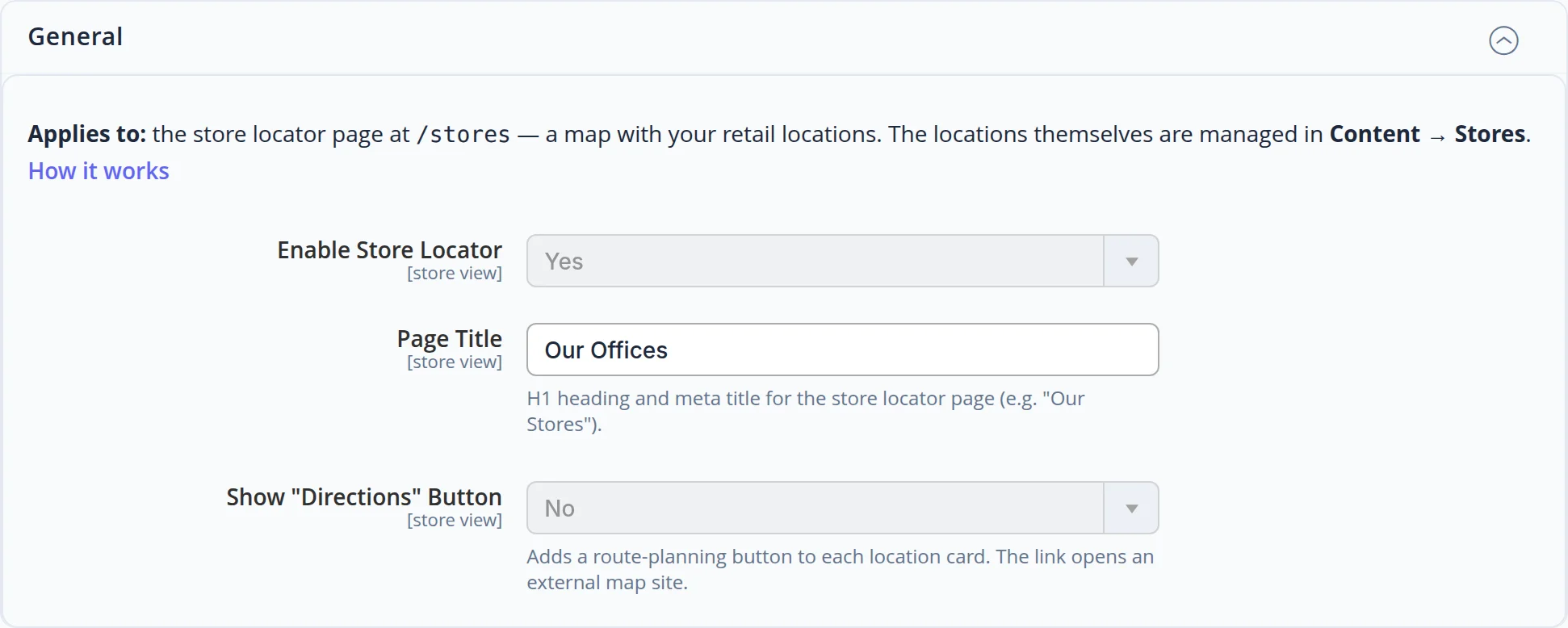 Section settings: on/off, page title, “Directions” button
