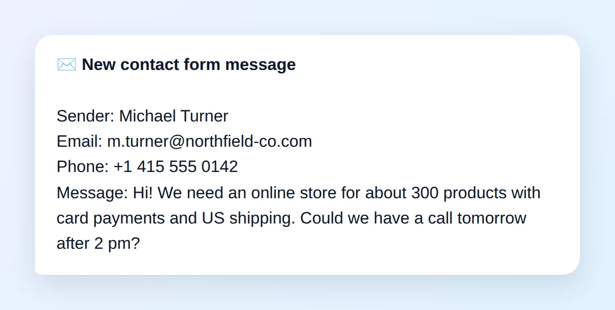 The “New contact form message” message: sender Michael Turner, email, phone and an inquiry about an online store for 300 products
