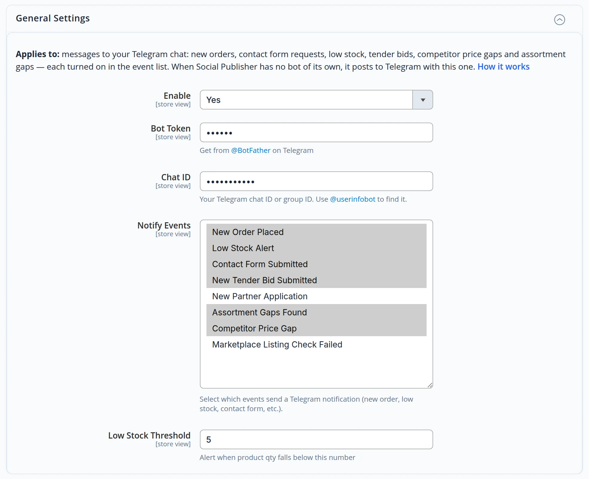 The Telegram Notifications settings section, General Settings group: Enable — Yes, Bot Token hidden by asterisks, Chat ID hidden, the Notify Events list of eight items, Low Stock Threshold — 5