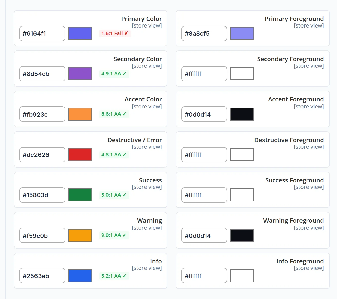 Brand colours as set now: main, secondary, accent and status colours with text colours and a readability score for each pair — the main pair is marked Fail