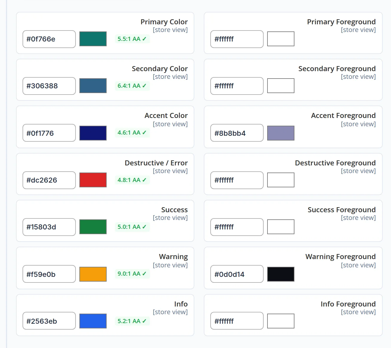 The same form after one click from a new teal brand colour: every colour and text colour filled in, all readability scores green