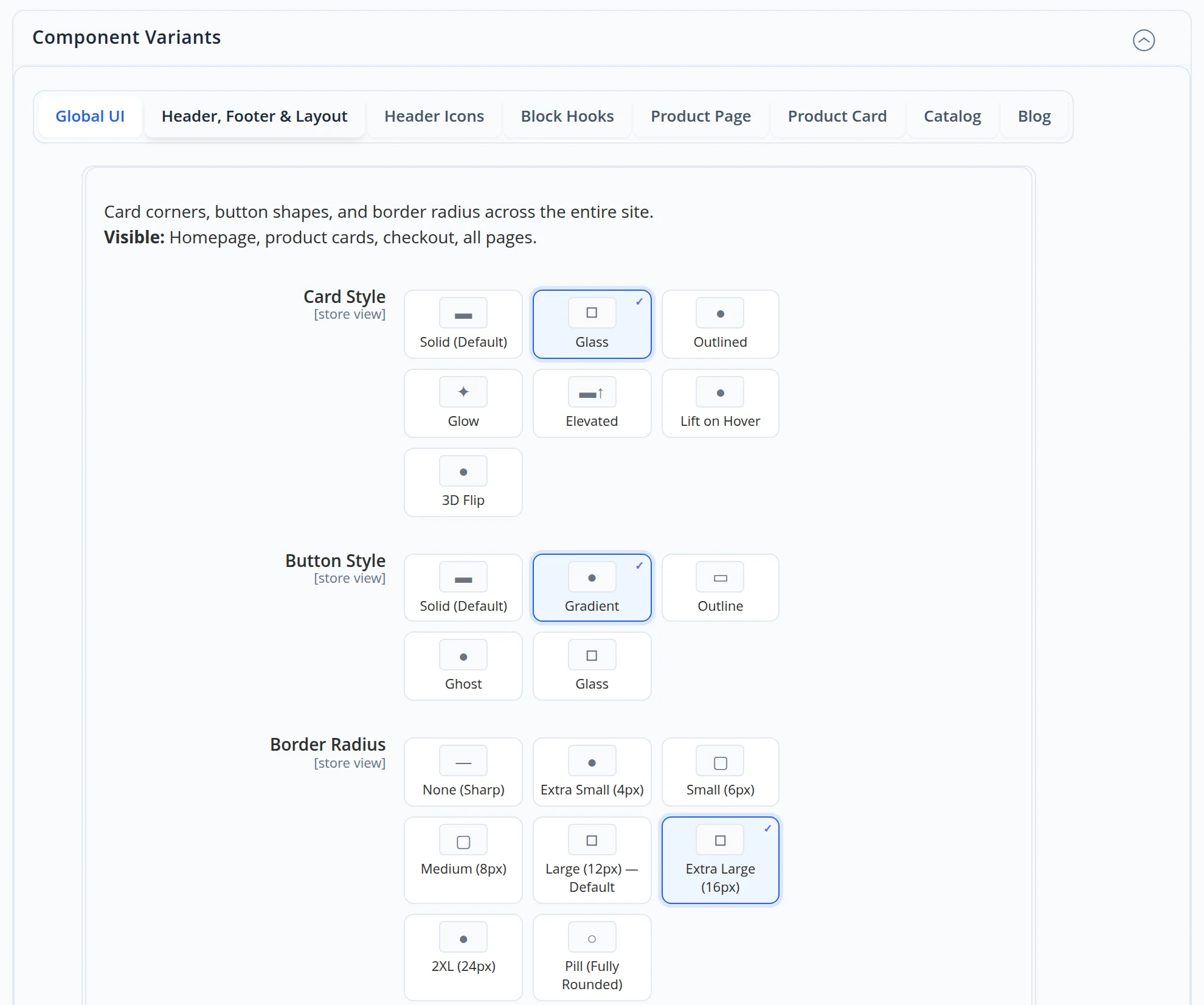 Component variants: card style, button style and corner rounding as preview tiles, the current choice ticked