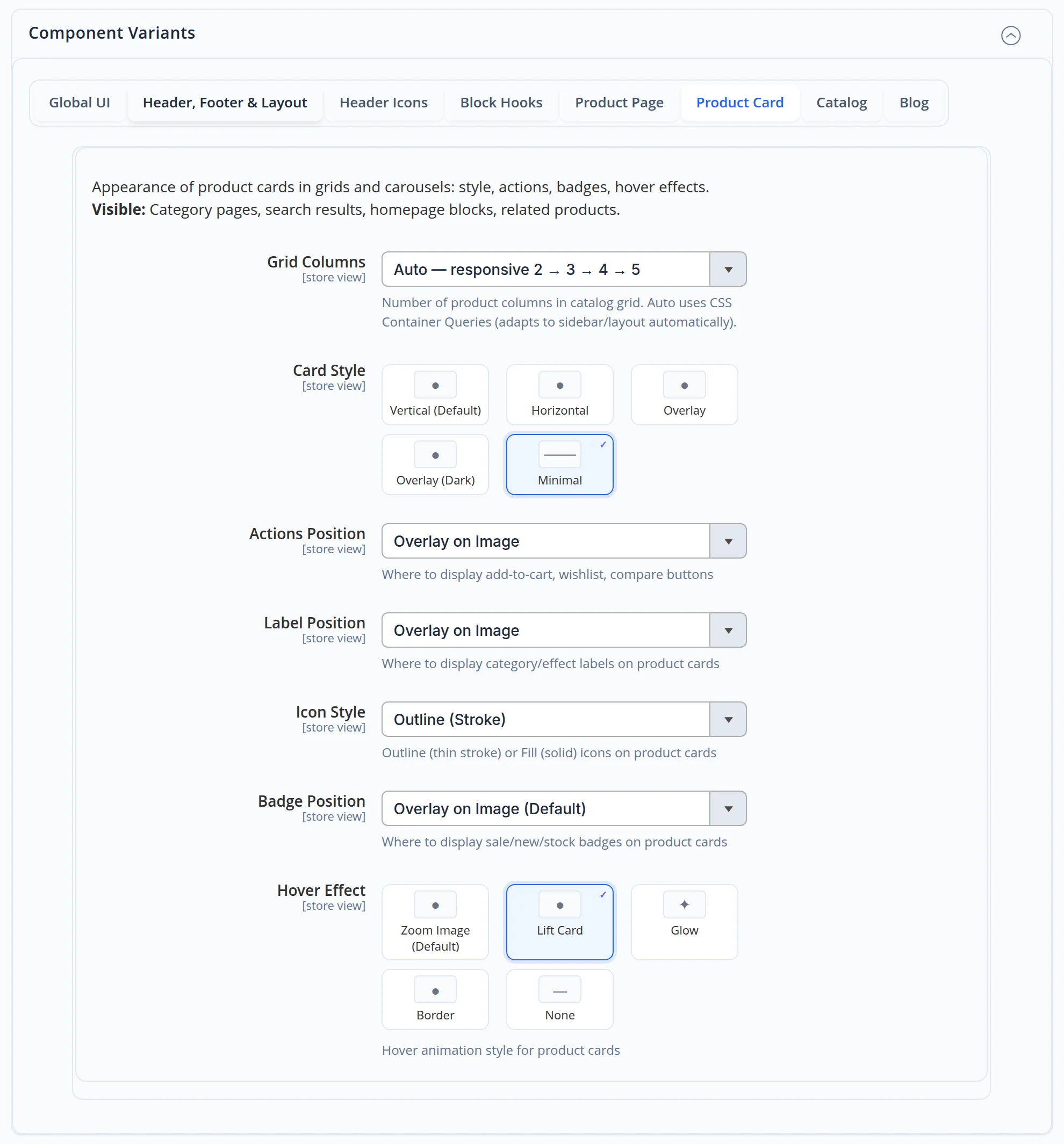 Product card settings: columns in the grid, card layout, position of buttons, labels and badges, icon style and hover effect