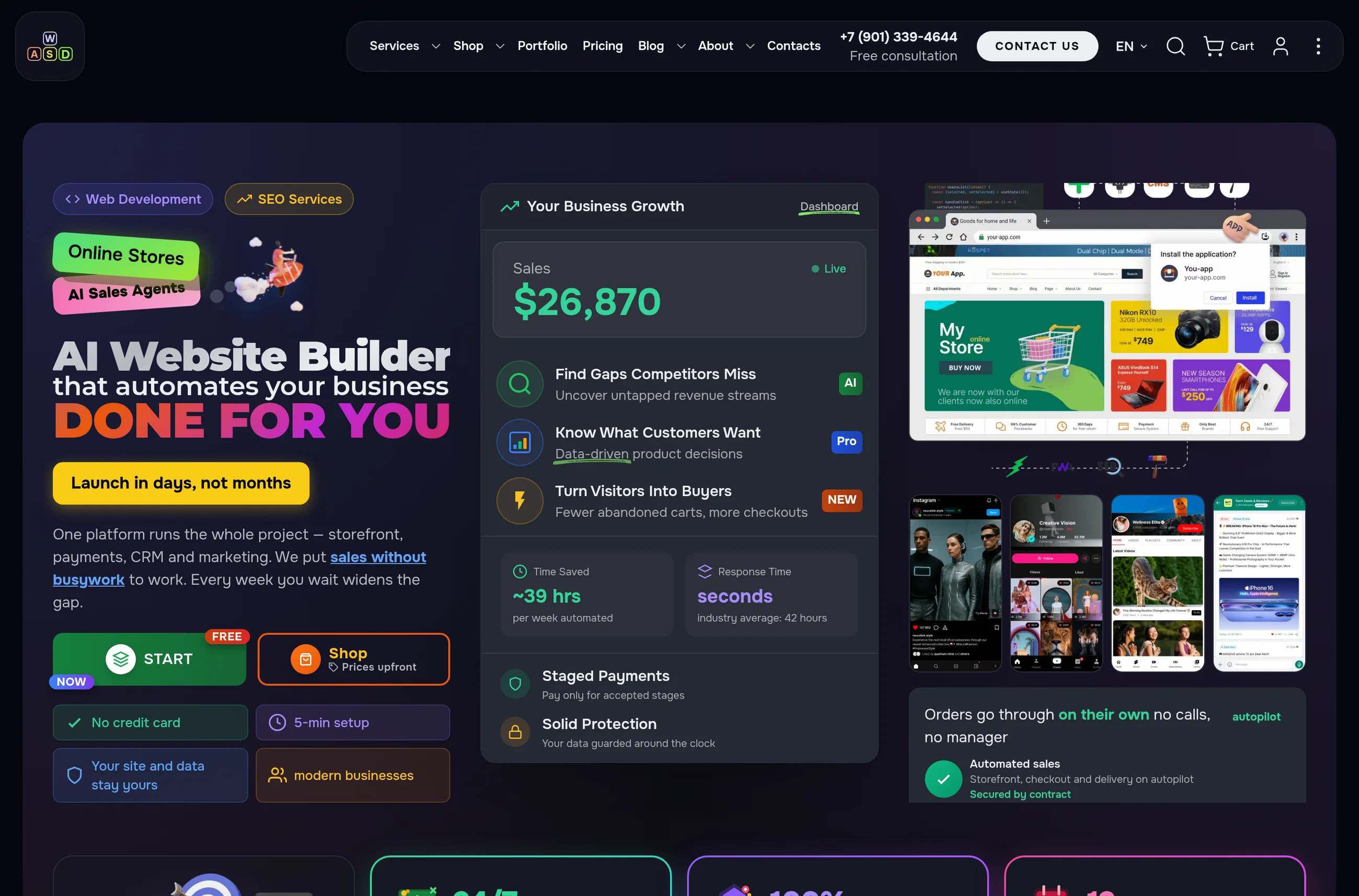 The same home page in the dark theme: the same colours, the same layout