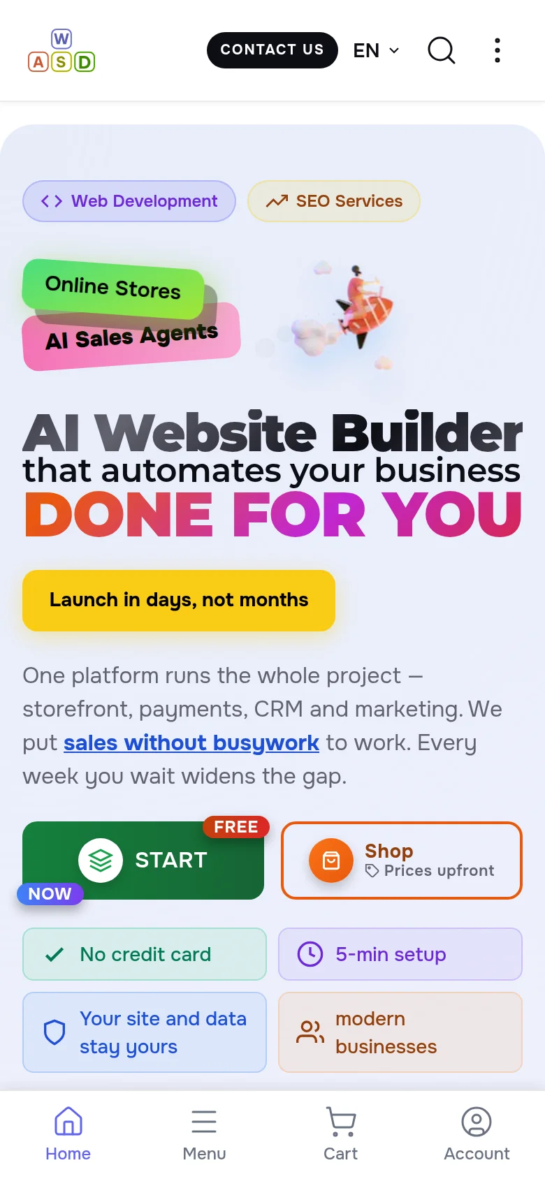 The home page on a phone: large heading, buttons and the bottom bar with Home, Menu, Cart and Account