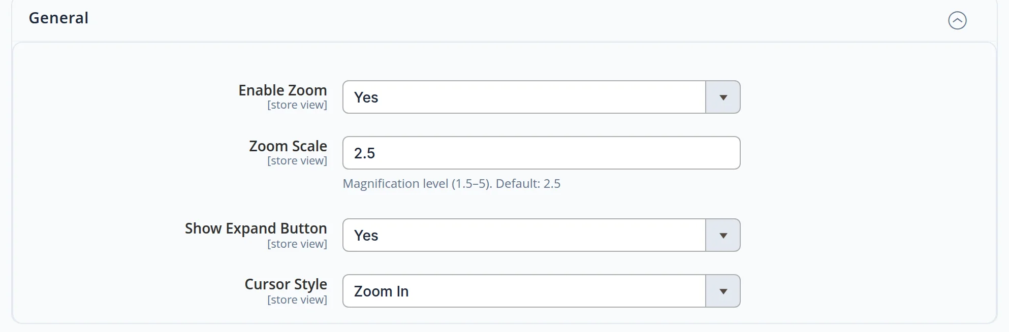 Zoom settings in the admin: enabled, scale 2.5, expand button, magnifier cursor